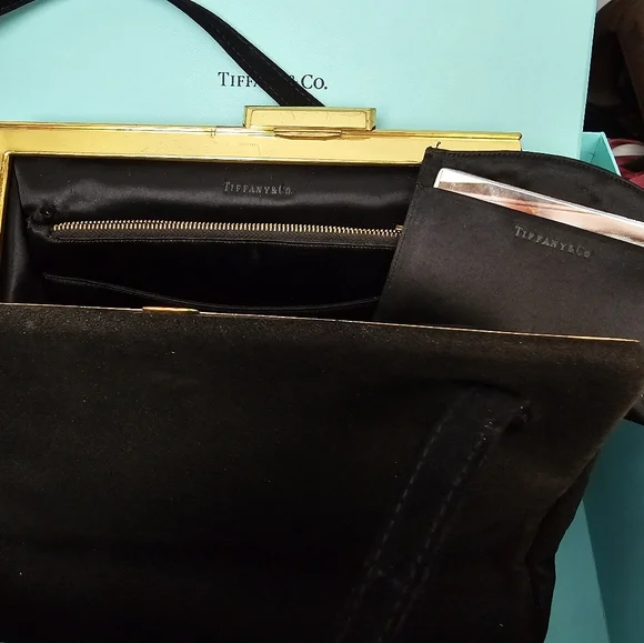 SIGHNED TIFFANY &CO ON BAG,8X8 INCH,BLACK SUEDE, GOLD FRAME STAMPED TIFFANY